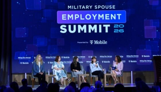Military Spouse Employment Summit panel in front of screen with the 2026 MSES branding and sponsors.