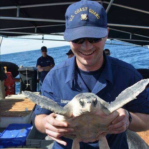 Picture of U.S. Coast Guard veteran holding a sea turtle
